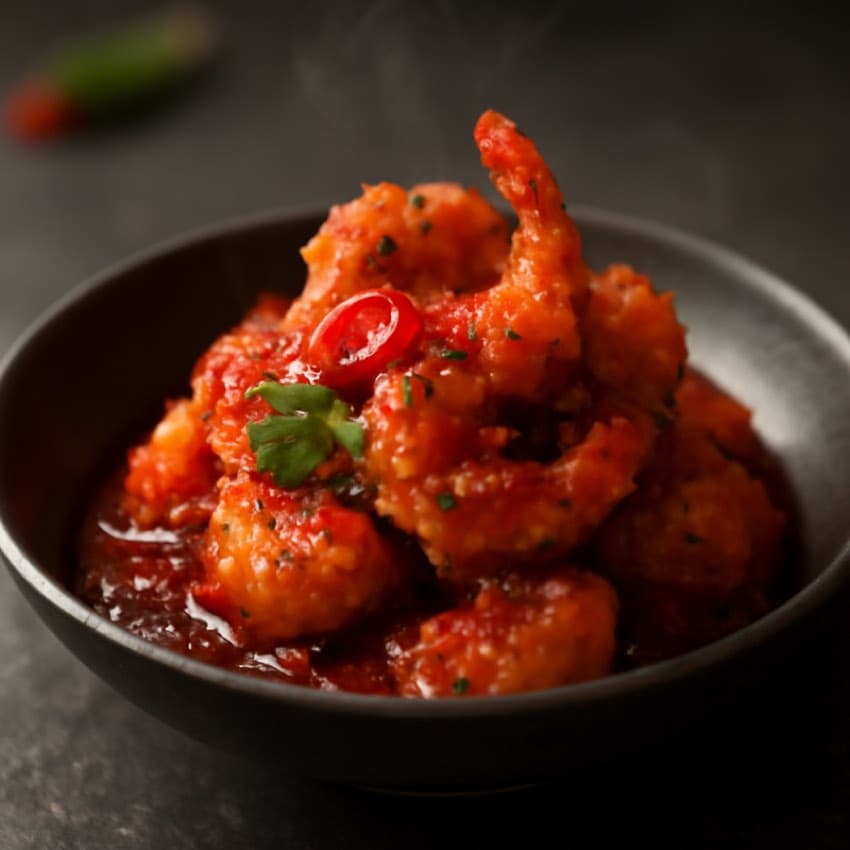 Gepaneerde garnalen in pikante saus