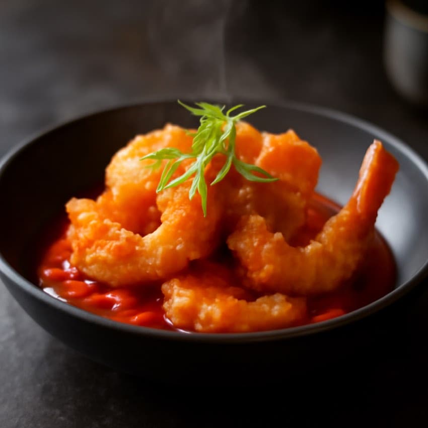 Gepaneerde garnalen in zoetzure saus