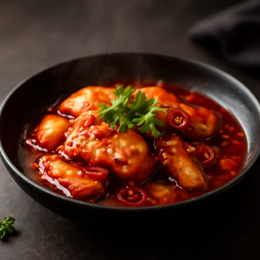 Gefileerde kipfilet in pikante saus